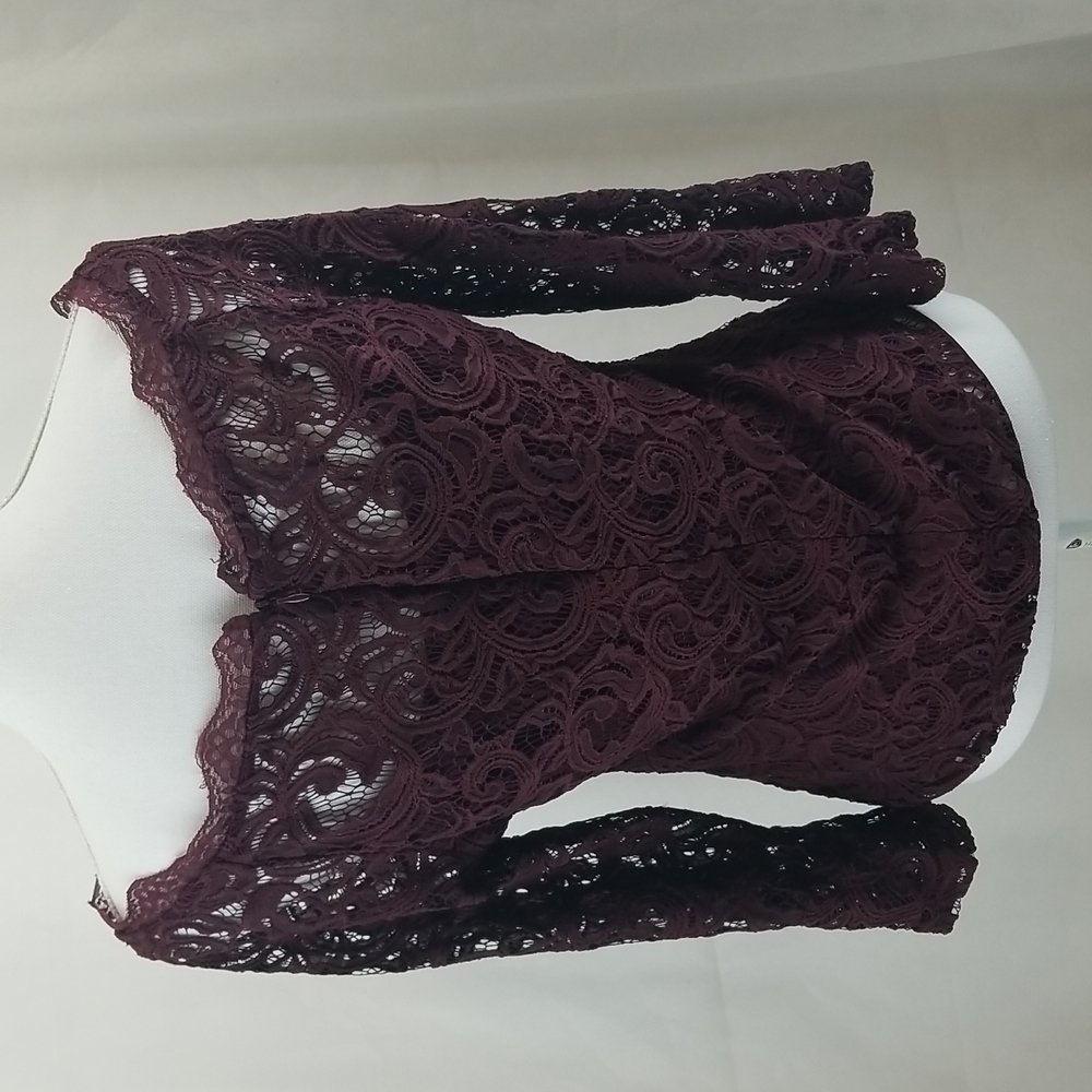 ADRIANNA PAPELL Brown Wide Neckline Off Shoulder Flare Sleeve Lace Shirt Top - Picture 5 of 14